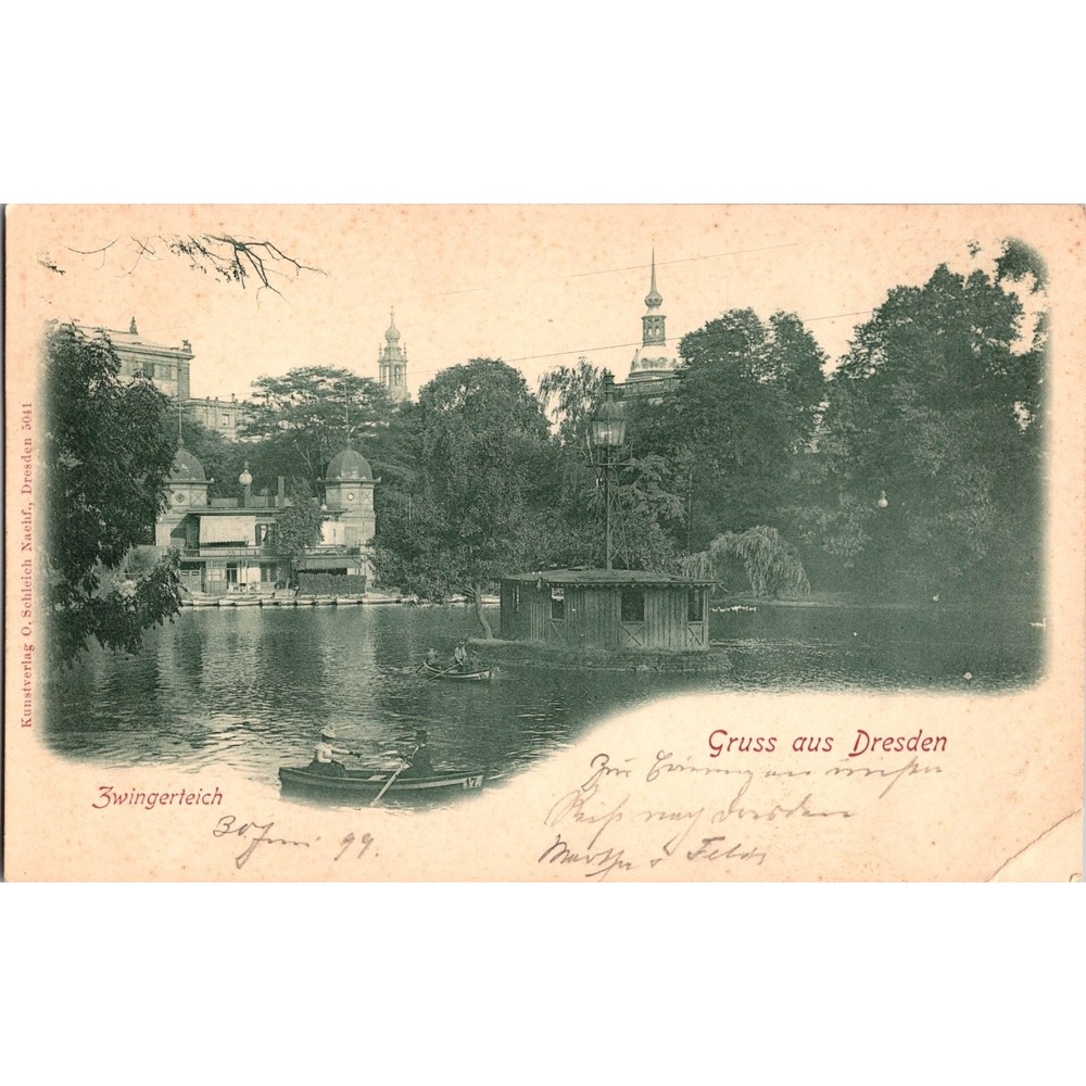 Vintage Gruss aus Dresden‎ Zwingerteich Postcard by O. Schleich Nacht